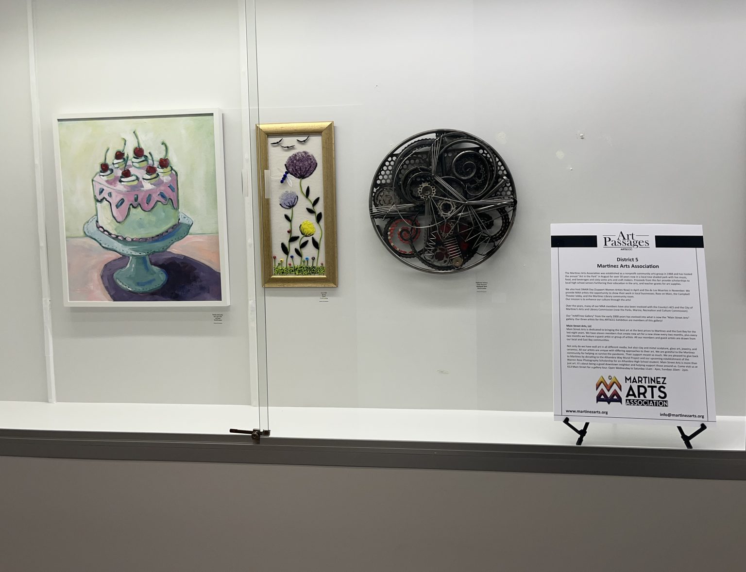 Gallery 3 - Artwork by Pamela McCauley, Jerry Hild, and Nathaniel Holbein of the Martinez Art Association at an Art Passages exhibit at the County Administration Building in Martinez, CA. Photo by ARTSCCC.