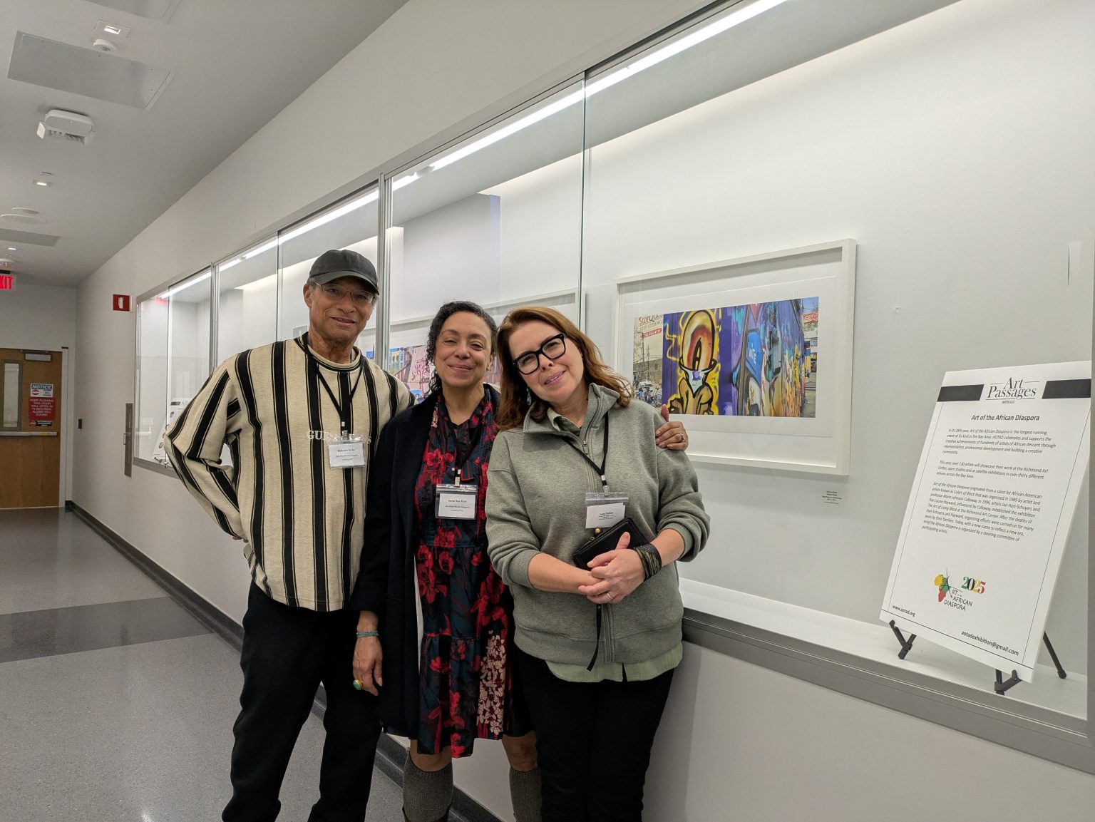 Gallery 4 - Artists Malcom Ryder and Irene Bee Kain of Art of the African Diaspora with ARTSCCC's Founding Executive Director, Jenny Balisle at an Art Passages Exhibit featuring AOTAD at the County Administration Building in Martinez, CA. ARTSCCC photo.