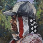 Gallery 1 - Side-view of a person with a baseball cap and the US flag wrapped around their neck and a green background.
