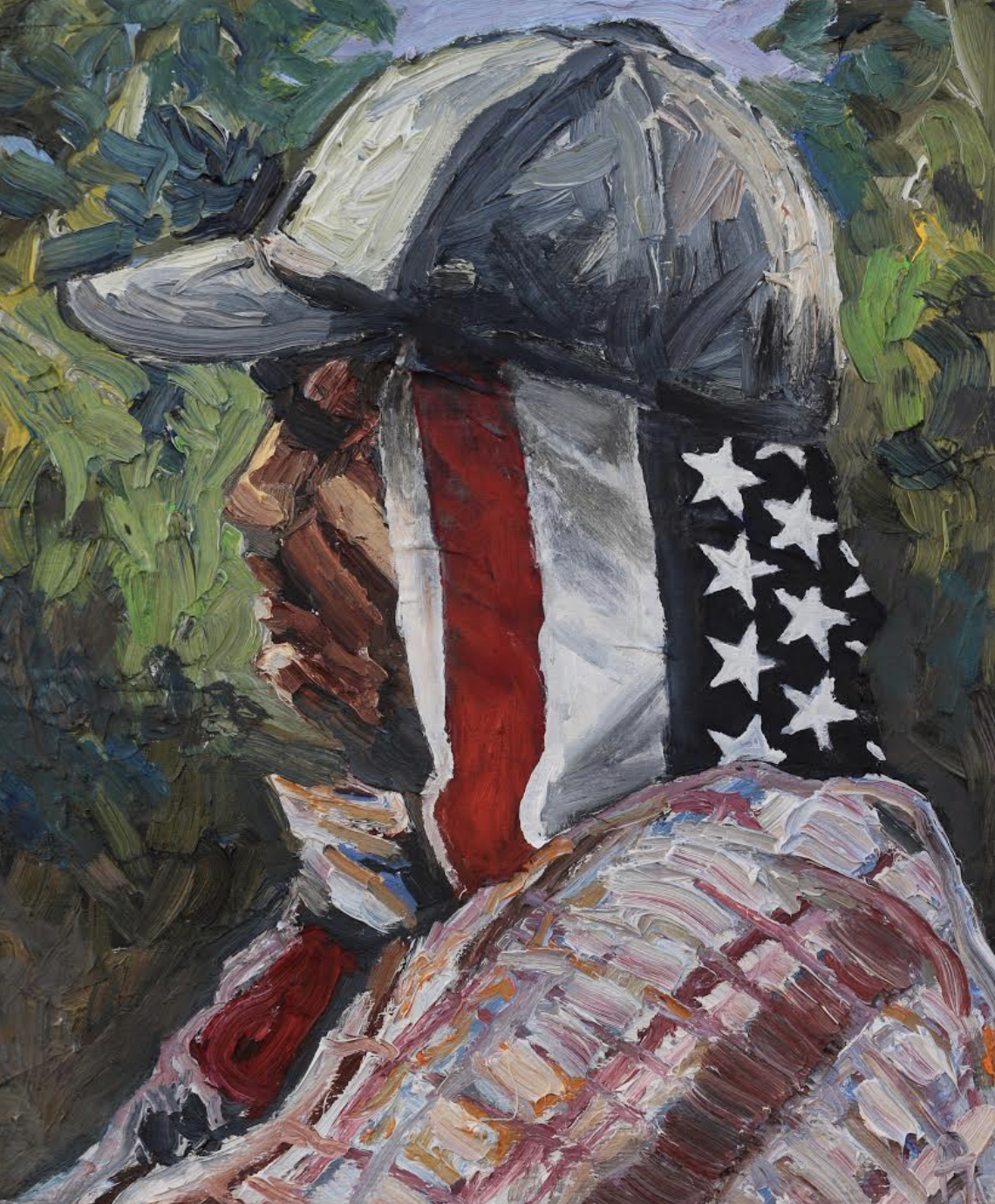 Gallery 1 - Side-view of a person with a baseball cap and the US flag wrapped around their neck and a green background.