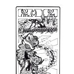 Gallery 1 - Black and white drawing of a Chinese traditional dragon puppet and two people at the top and bottom. written 2012 at the top.