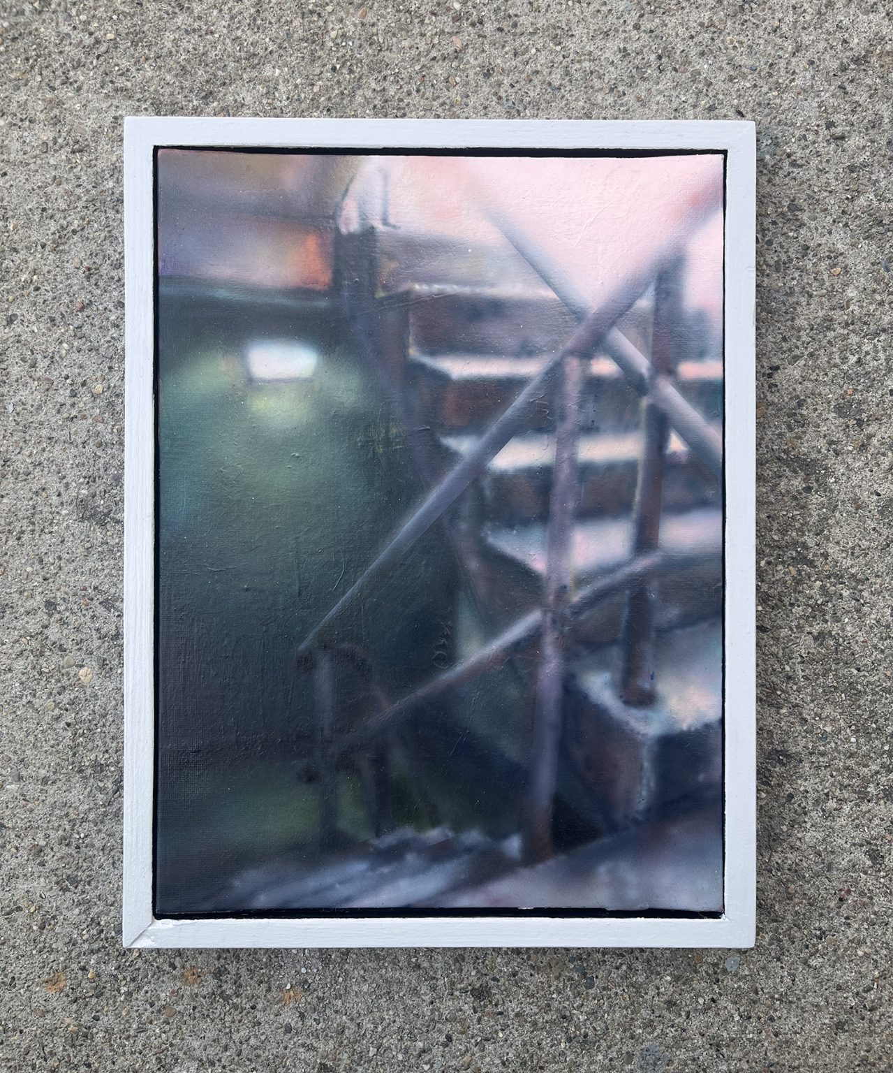 Gallery 1 - Painting of an abandoned staircase leading up to a brighter floor on the top right.