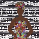 Gallery 1 - A 2D representation of a dark-skinned woman with a colorful lively pattern and headscarf against a black and white textile.