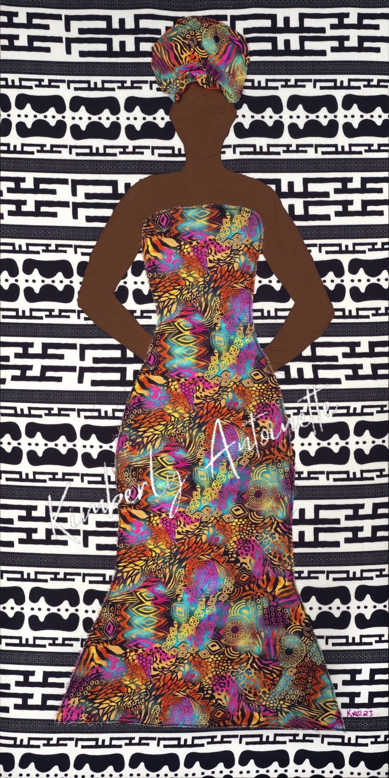 Gallery 1 - A 2D representation of a dark-skinned woman with a colorful lively pattern and headscarf against a black and white textile.