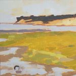 Gallery 1 - painting with neutral colors of water and rocky coastline