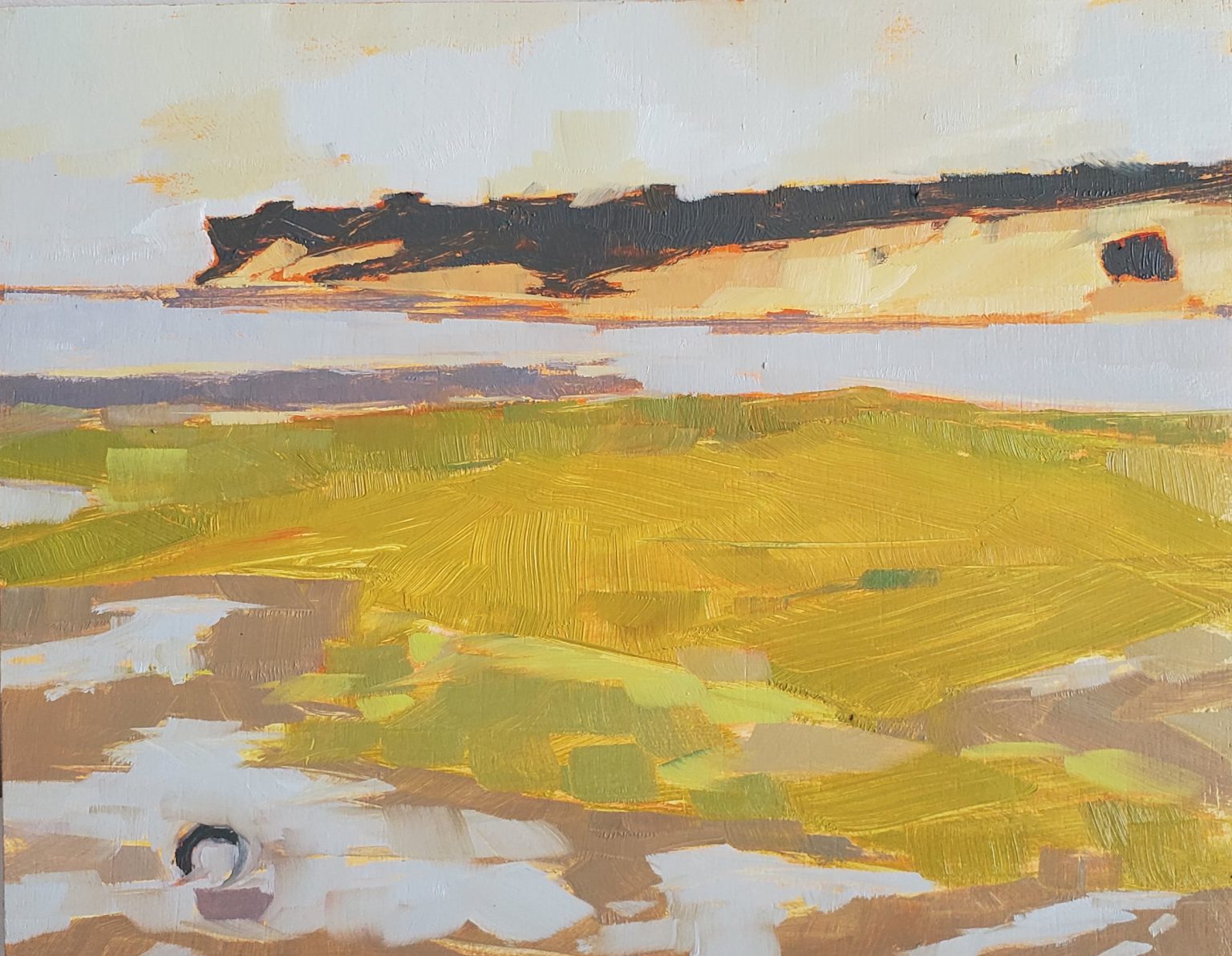 Gallery 1 - painting with neutral colors of water and rocky coastline