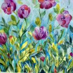 Gallery 1 - Painting of plum and purple flowers with long green stems on a blue background