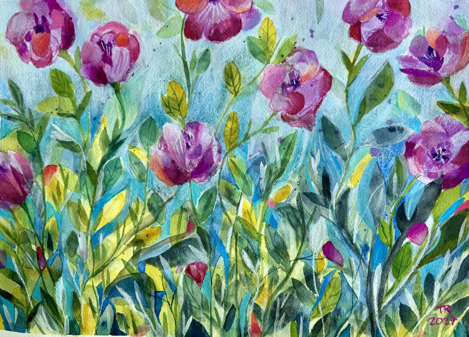 Gallery 1 - Painting of plum and purple flowers with long green stems on a blue background
