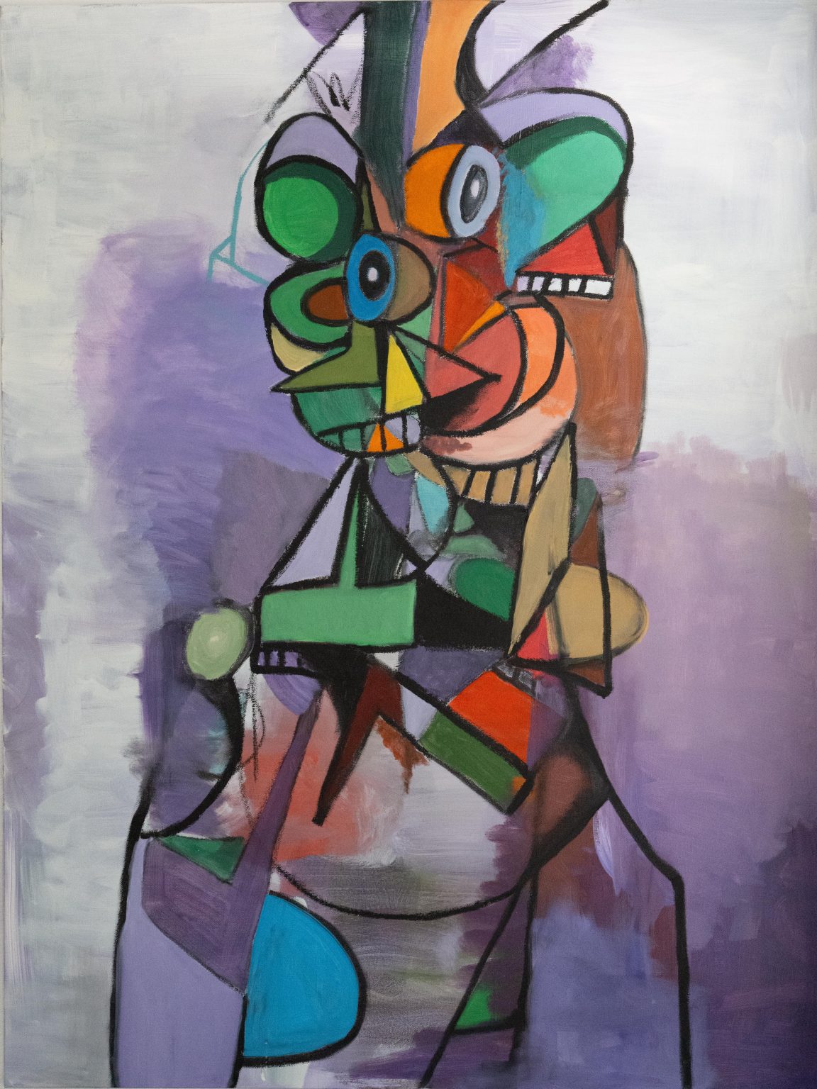 Gallery 1 - abstract painting with purple background and a semi human like figure in the middle with organic and geometric shapes of various sizes, shapes and colors