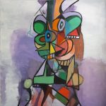 Gallery 1 - abstract painting with purple background and a semi human like figure in the middle with organic and geometric shapes of various sizes, shapes and colors
