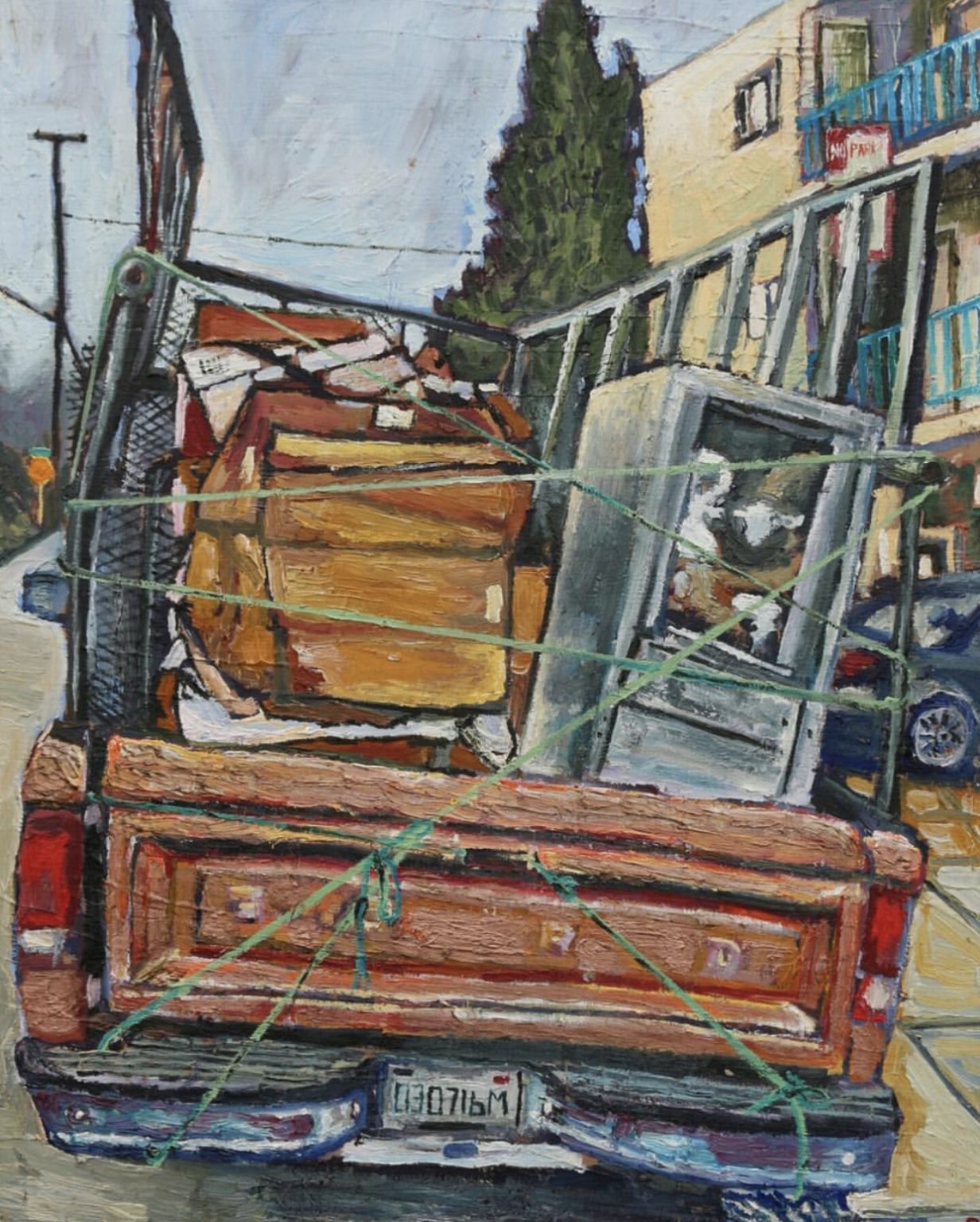 Gallery 2 - Oil painting of a red Ford truck with furniture on it. 40x30x2rnOil on woodrn2016