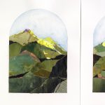 Gallery 1 - A pair of images with a hillscape made of painted paper in greens and yellows, framed in an arch 