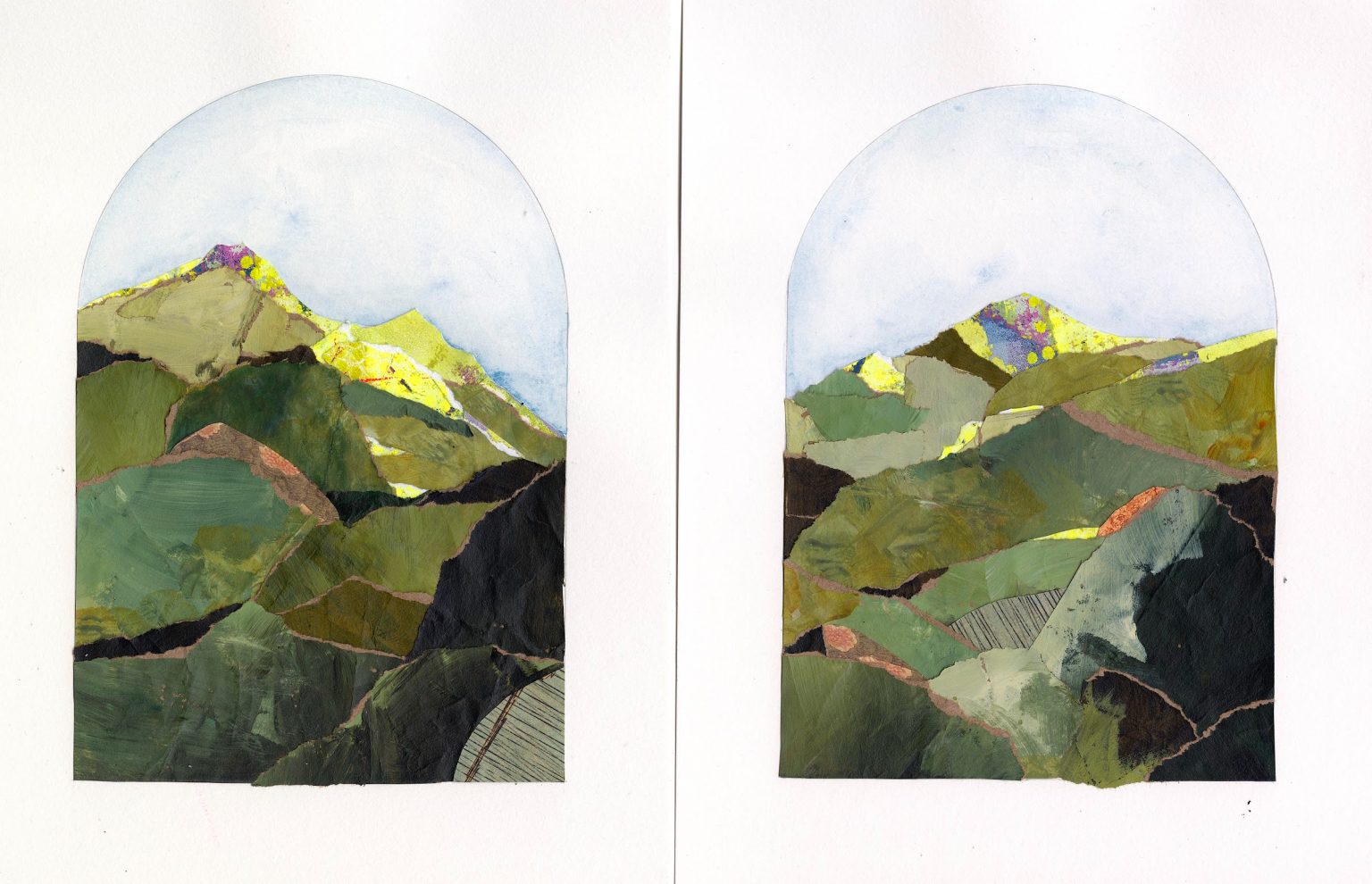 Gallery 1 - A pair of images with a hillscape made of painted paper in greens and yellows, framed in an arch 