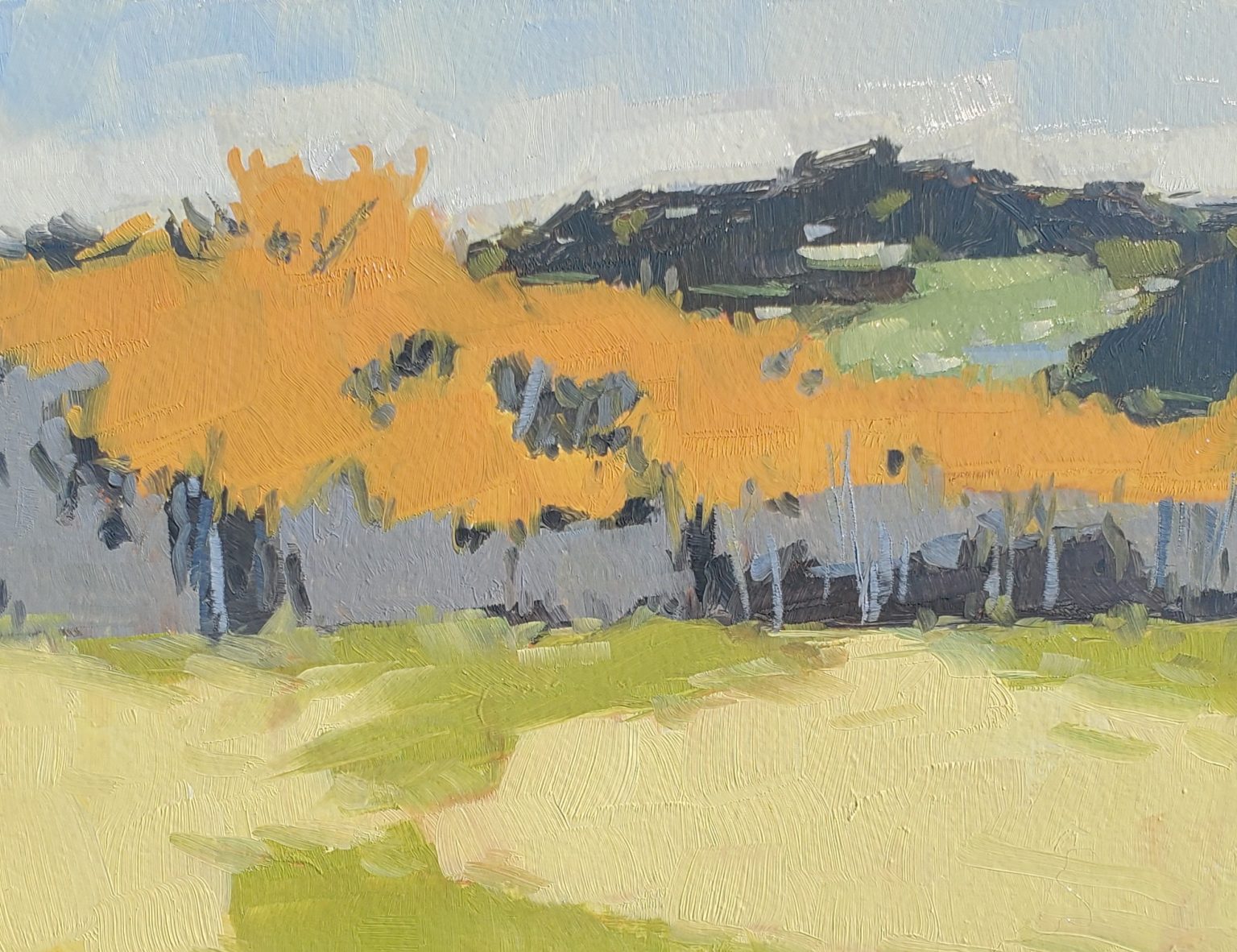 Gallery 2 - painting of a fall color trees and a hill in the background