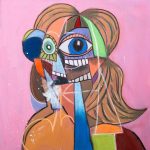 Gallery 2 - abstract painting with purple background and a semi human like figure in the middle with organic and geometric shapes of various sizes, shapes and colors. it has blonde hair and a green eye and a blue eye.