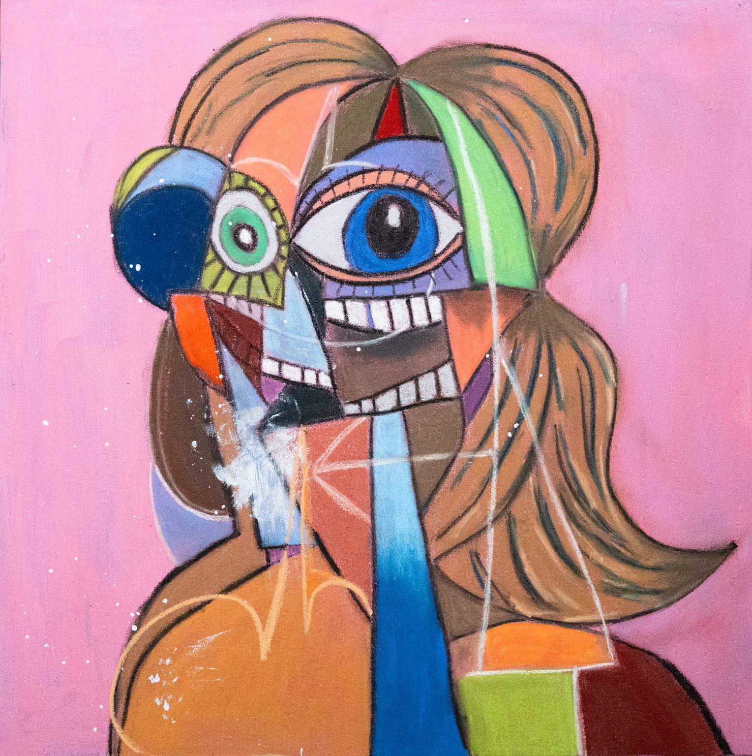 Gallery 2 - abstract painting with purple background and a semi human like figure in the middle with organic and geometric shapes of various sizes, shapes and colors. it has blonde hair and a green eye and a blue eye.