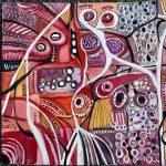 Gallery 2 - Organic and abstract watercolor and gouache painting with variety of round shapes divided into rectangular or angular shapes and borders with white and black veins going accross the painting.