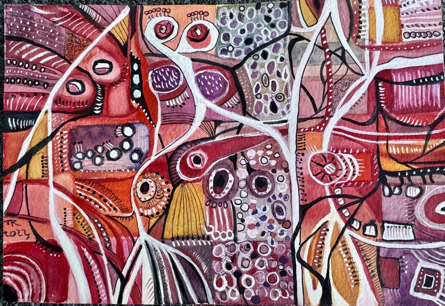 Gallery 2 - Organic and abstract watercolor and gouache painting with variety of round shapes divided into rectangular or angular shapes and borders with white and black veins going accross the painting.