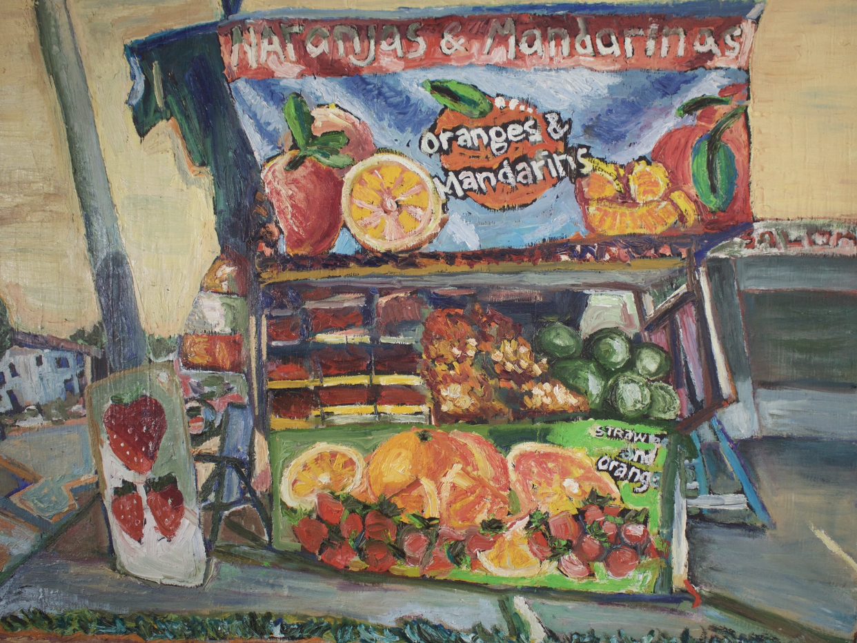 Gallery 3 - Oil painting of signage in a fruit stand advertising oranges and mandarins.