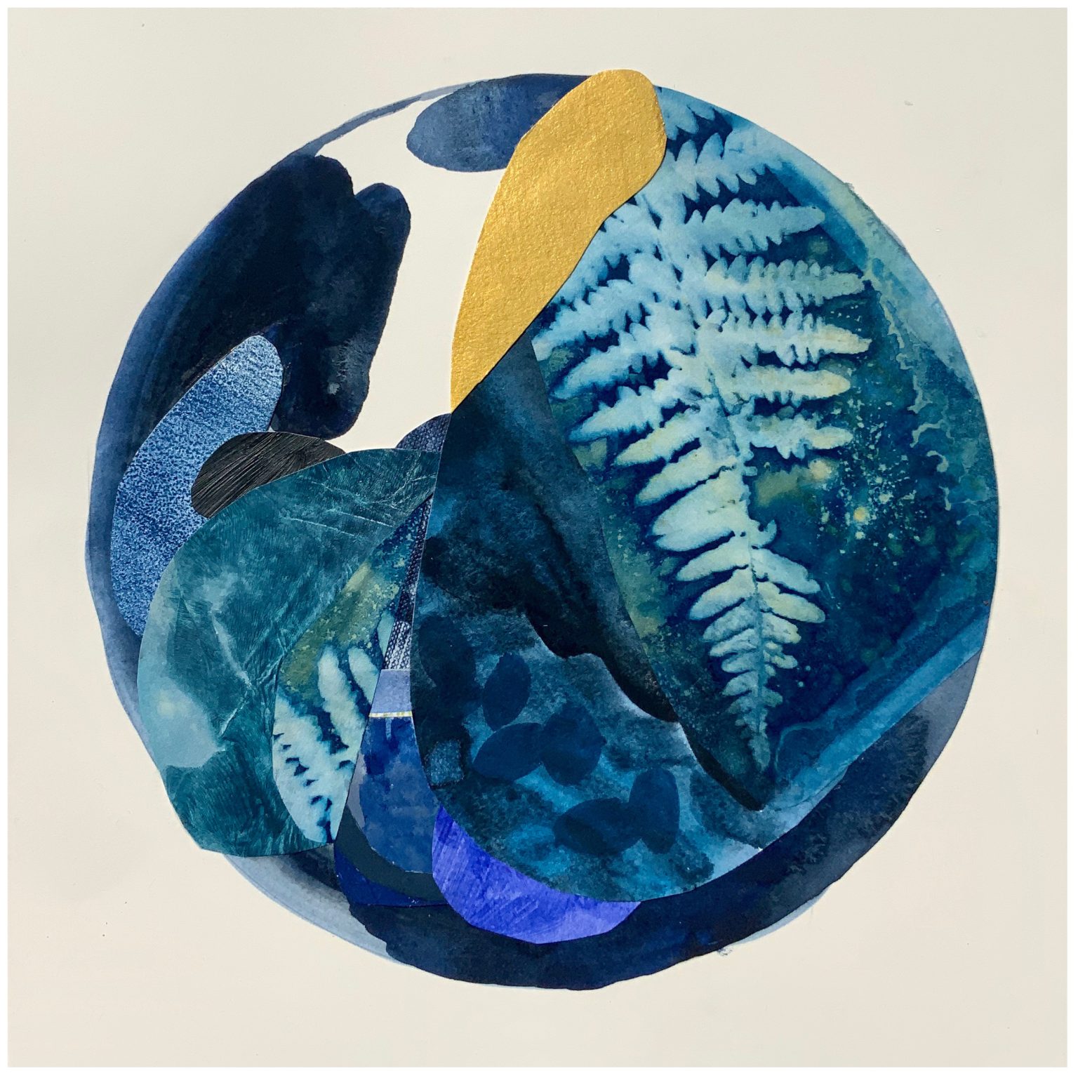 Gallery 2 - A blue circle made up of watercolor and cyanotype of plants including a blue fern