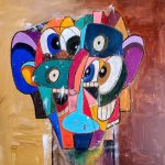 Gallery 3 - abstract painting with brown and orange background and a semi human like figure in the middle with organic and geometric shapes of various sizes, shapes and colors