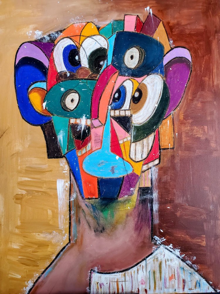 Gallery 3 - abstract painting with brown and orange background and a semi human like figure in the middle with organic and geometric shapes of various sizes, shapes and colors