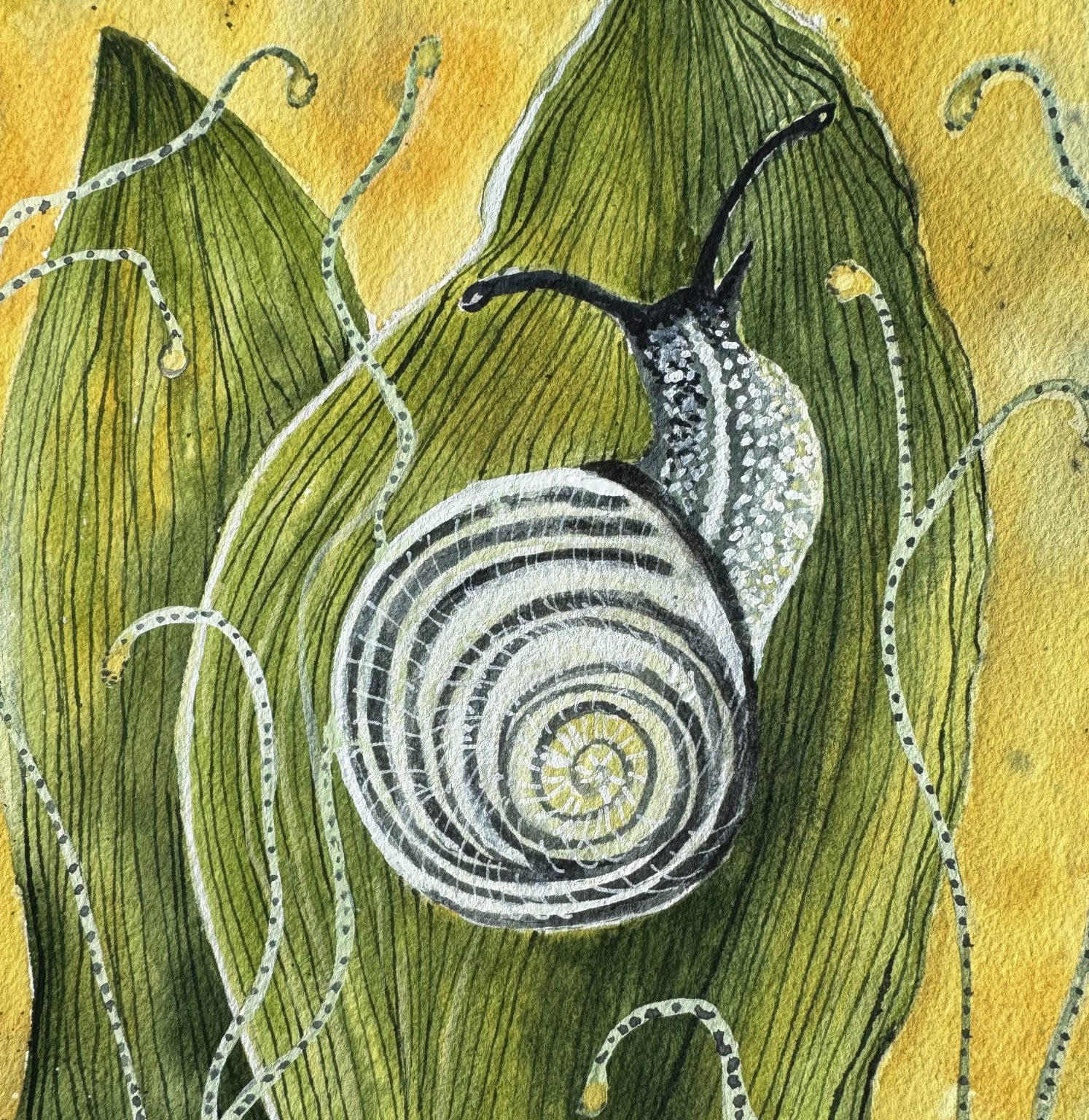 Gallery 3 - watercolor and gouache painting of a snail on a green leaf on a yellow background