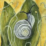 Gallery 3 - watercolor and gouache painting of a snail on a green leaf on a yellow background