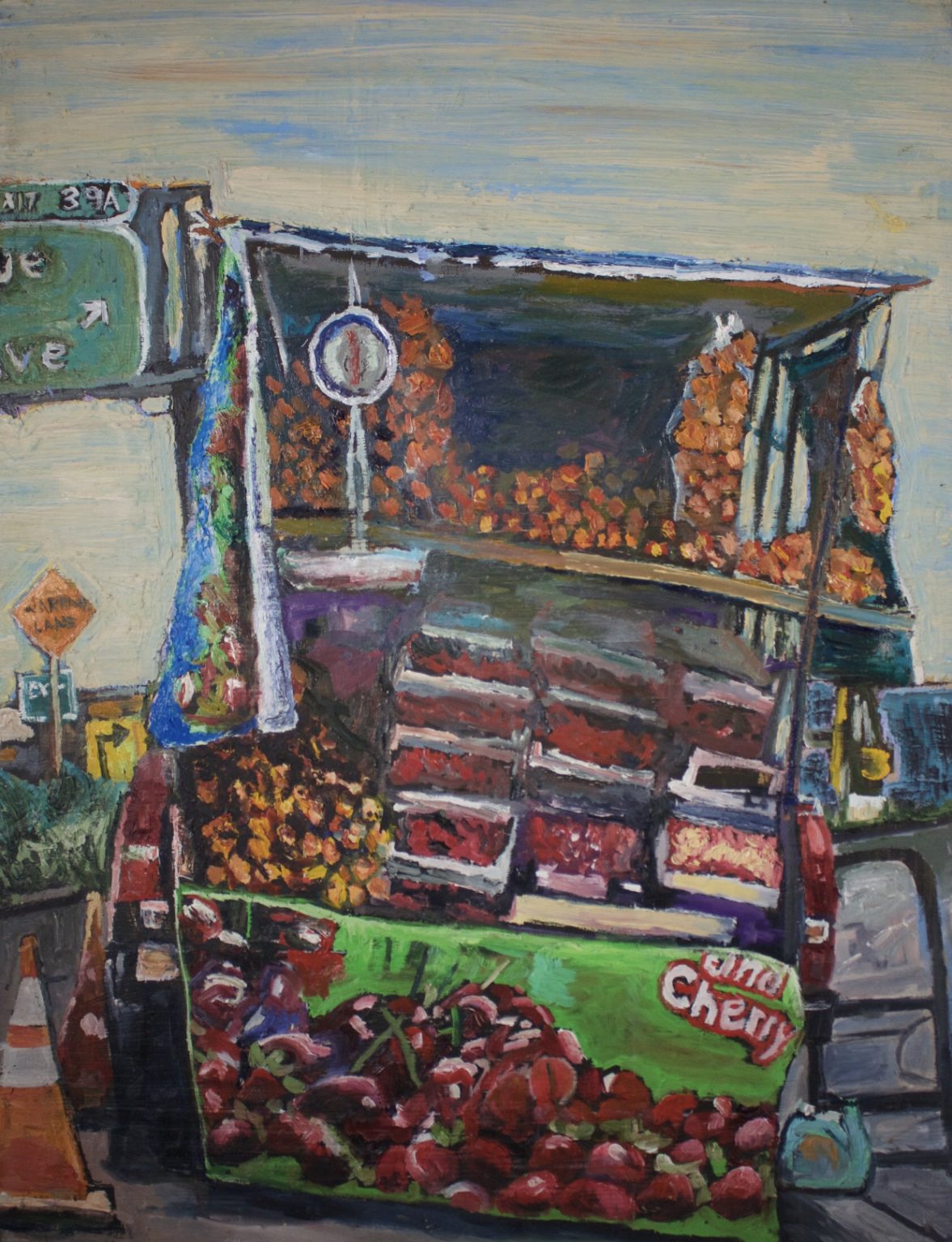 Gallery 4 - Oil painting of a fruit stand selling cherries and other orange fruit.