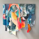 Gallery 3 - A collage of neon orange and gray blue pieces of painted paper attached from a top point 