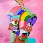 Gallery 4 - abstract painting with pink background and a semi human like dark skin figure in the middle with organic and geometric shapes of various sizes, shapes and colors that consists of eye and teeth.
