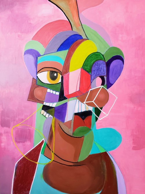 Gallery 4 - abstract painting with pink background and a semi human like dark skin figure in the middle with organic and geometric shapes of various sizes, shapes and colors that consists of eye and teeth.