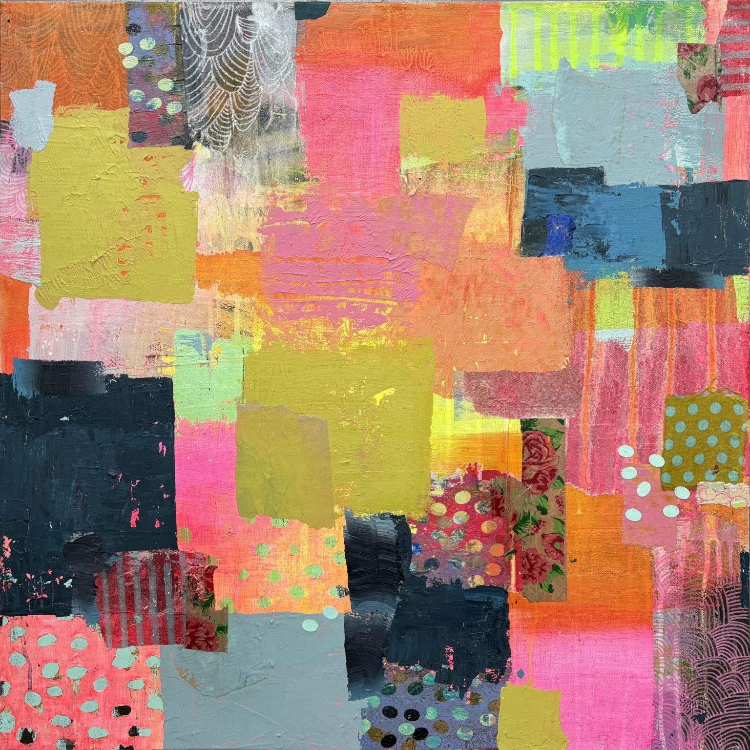 Gallery 4 - this is a 24x24 inch mixed media painting with bright colors and collage