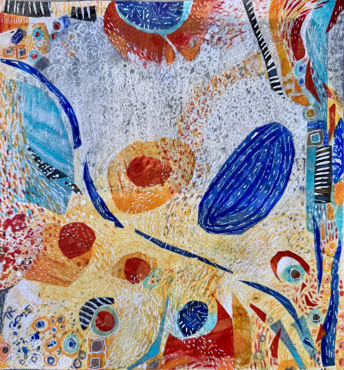 Gallery 5 - Abstract mixed media collage consisting of white and yellow background colors with blue and red round shapes.