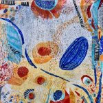 Gallery 5 - Abstract mixed media collage consisting of white and yellow background colors with blue and red round shapes.