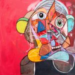 Gallery 5 - abstract painting with red background and a semi human like figure on the right side with organic and geometric shapes of various sizes, shapes and colors.