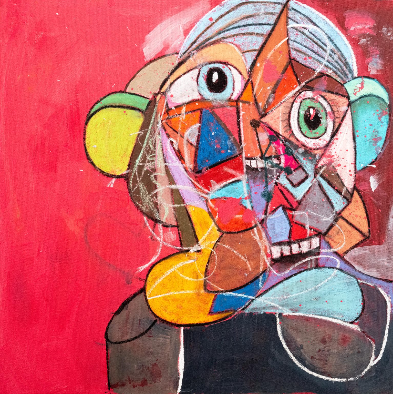 Gallery 5 - abstract painting with red background and a semi human like figure on the right side with organic and geometric shapes of various sizes, shapes and colors.