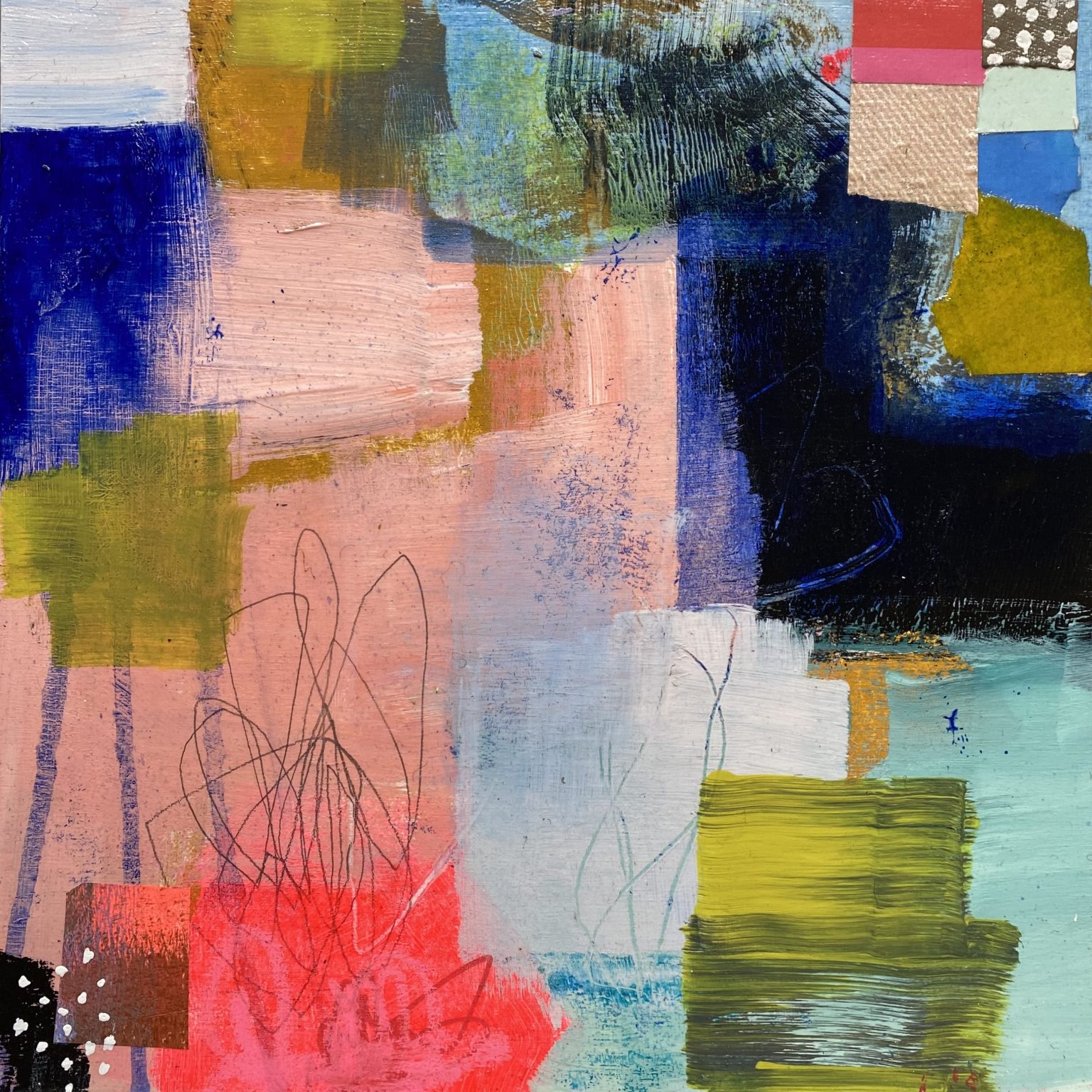 Gallery 5 - this is a 24x24 inch mixed media painting with bright colors and collage