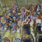 Gallery 6 - Oil painting of a bottom-up view of beer bottles with colorful pinatas hanging above.