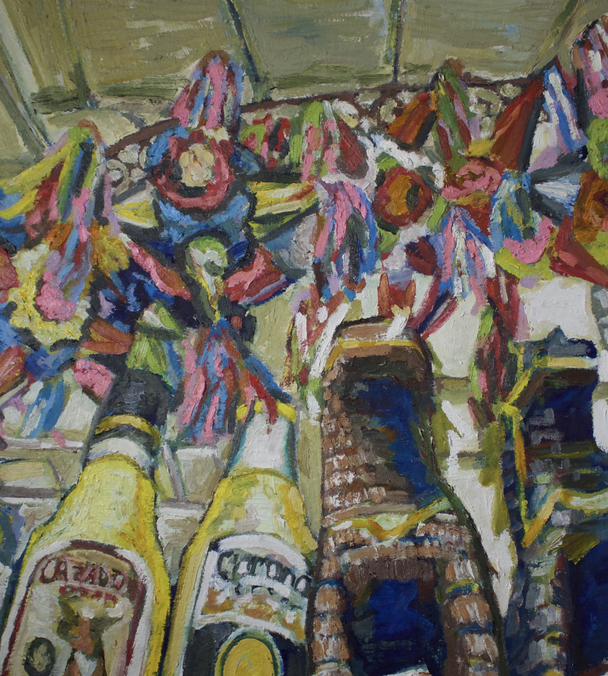 Gallery 6 - Oil painting of a bottom-up view of beer bottles with colorful pinatas hanging above.