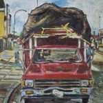 Gallery 7 - Oil painting of the front of a red pick-up truck that is loaded and covered with a brown tarp.