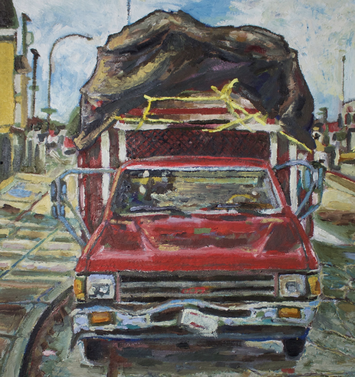 Gallery 7 - Oil painting of the front of a red pick-up truck that is loaded and covered with a brown tarp.