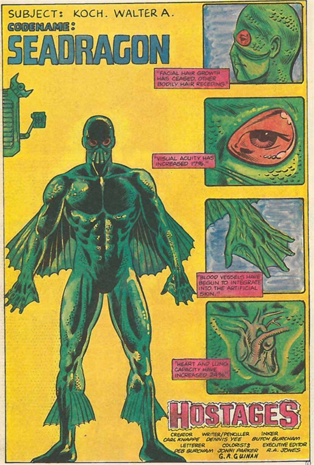Gallery 7 - Splash page comic sea dragon on a yellow page a man in black suit and green outline.
