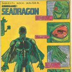 Gallery 7 - Splash page comic sea dragon on a yellow page a man in black suit and green outline.