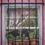 Gallery 8 - Oil painting of a window with metal bars showing cacti sitting on the window sill.