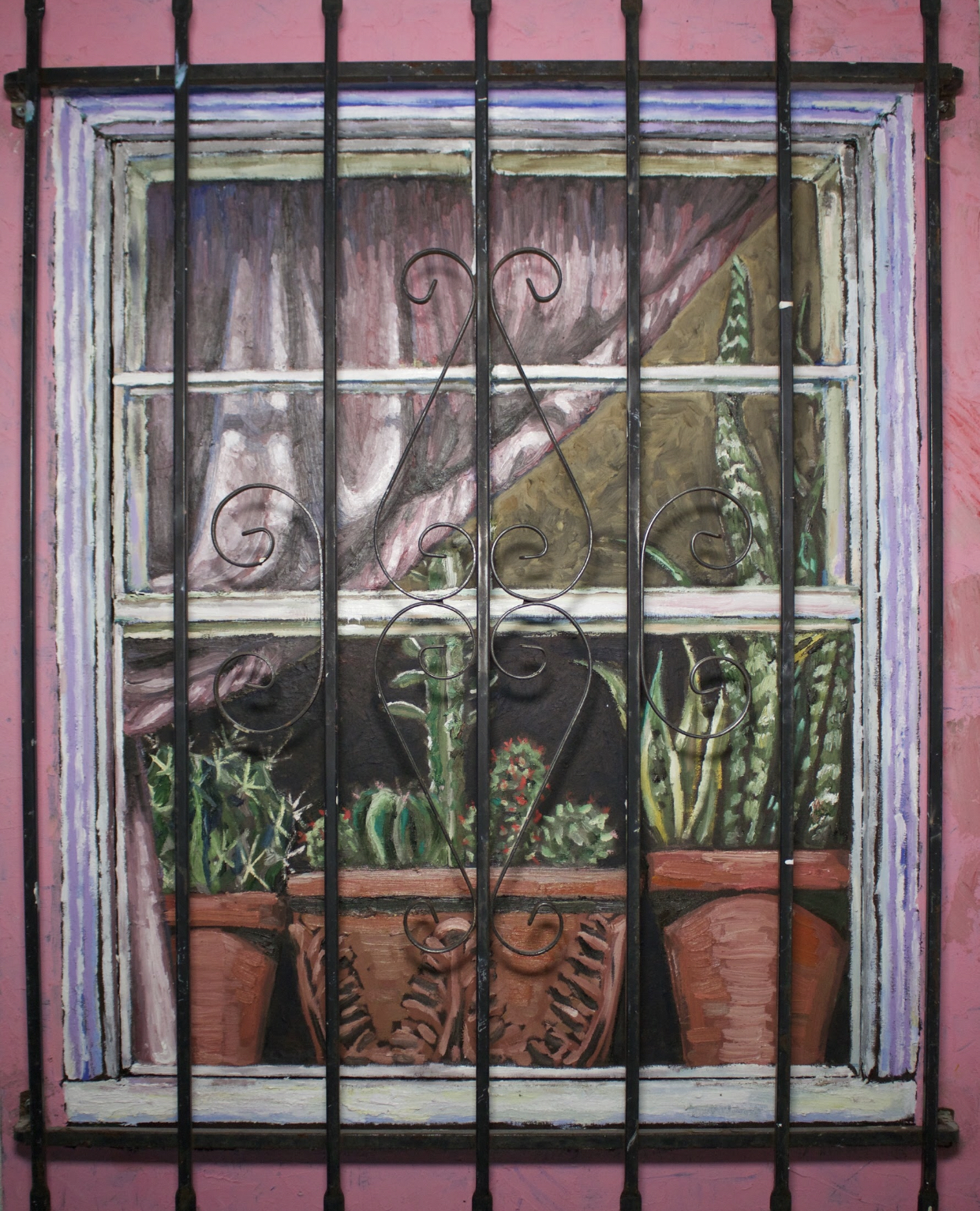 Gallery 8 - Oil painting of a window with metal bars showing cacti sitting on the window sill.