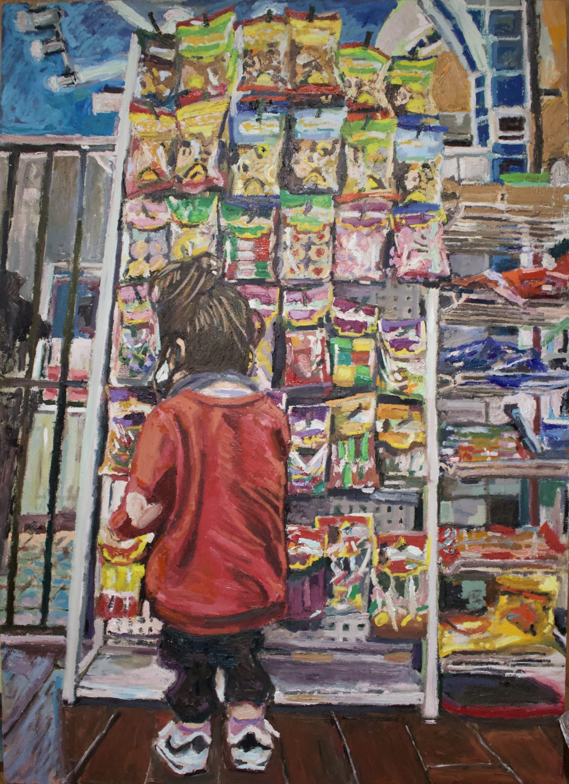 Gallery 9 - Oil painting of a child wearing a red shirt looking at items in a store shelf