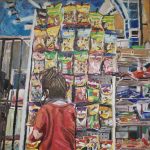 Gallery 9 - Oil painting of a child wearing a red shirt looking at items in a store shelf