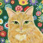 Gallery 4 - Painting of a Ginger Cat on green background with colorful flowers