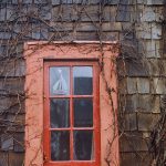 Gallery 1 - image of an orange window frame with 6 small glasses and a sticker of a sailboat at the top left corner.